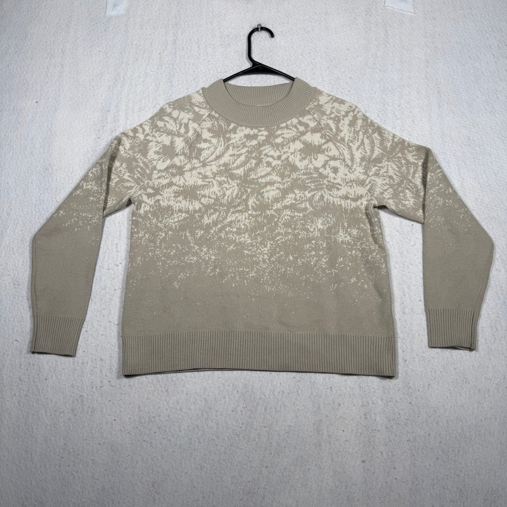 Athleta Womens XS Floral Jacquard Crew Neck Sweater Tan Cream Long Sleeve